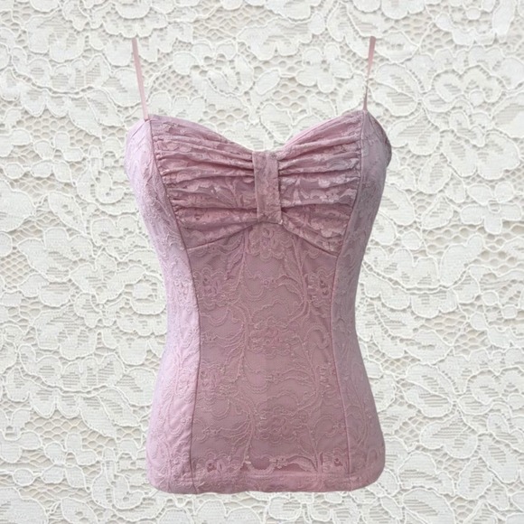 Miss Bisou Tops - vintage y2k pink lace tank top with bow detail